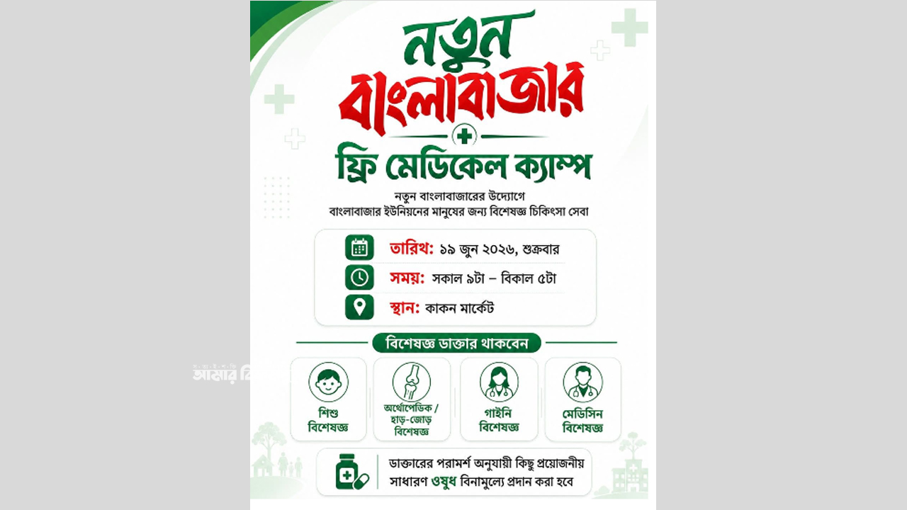 কাল বাংলাবাজারে ফ্রি মেডিকেল ক্যাম্প ও ফ্রি ঔষধ বিতরণ, থাকবে ৪ বিশেষজ্ঞ ডাক্তার